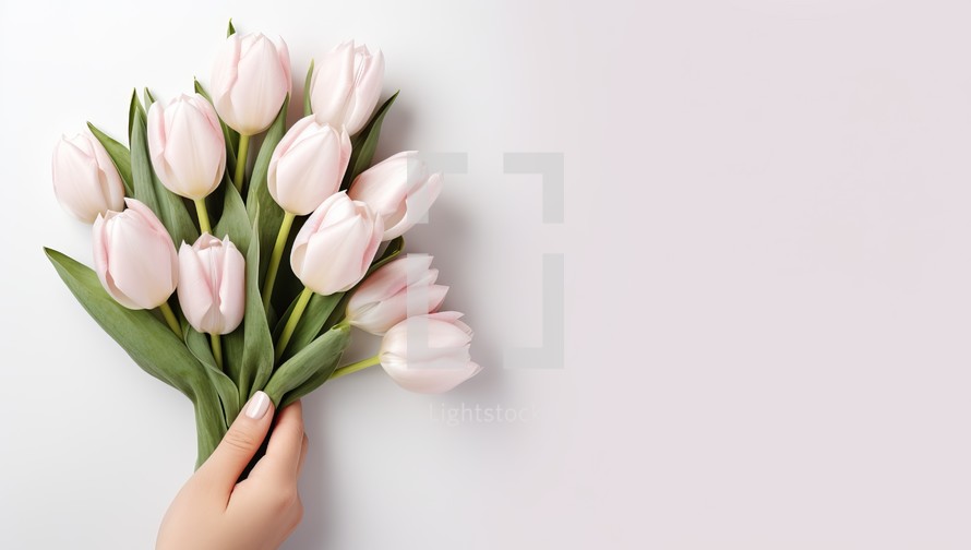 Tender pink tulips bouquet in woman's hand on white background with copy space