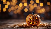 Halloween pumpkin jack o lantern on bokeh lights background.