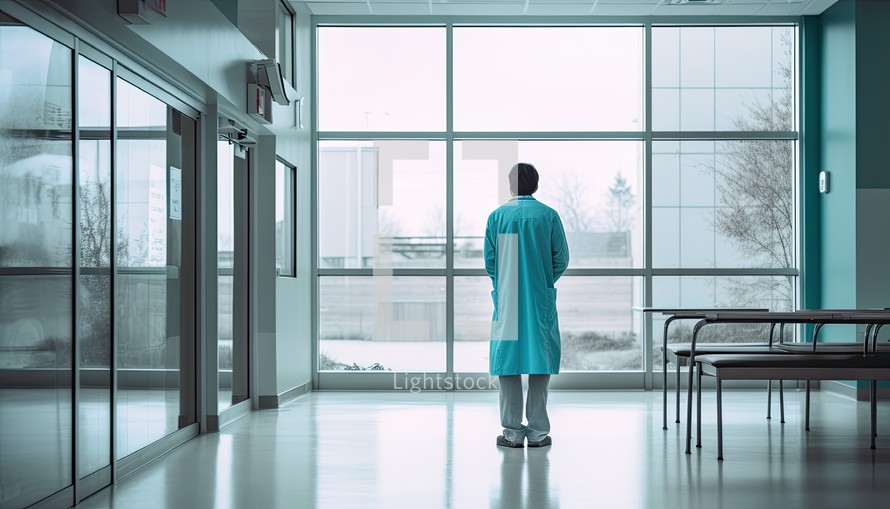 Back view of a young male doctor standing in hospital corridor looking out the window