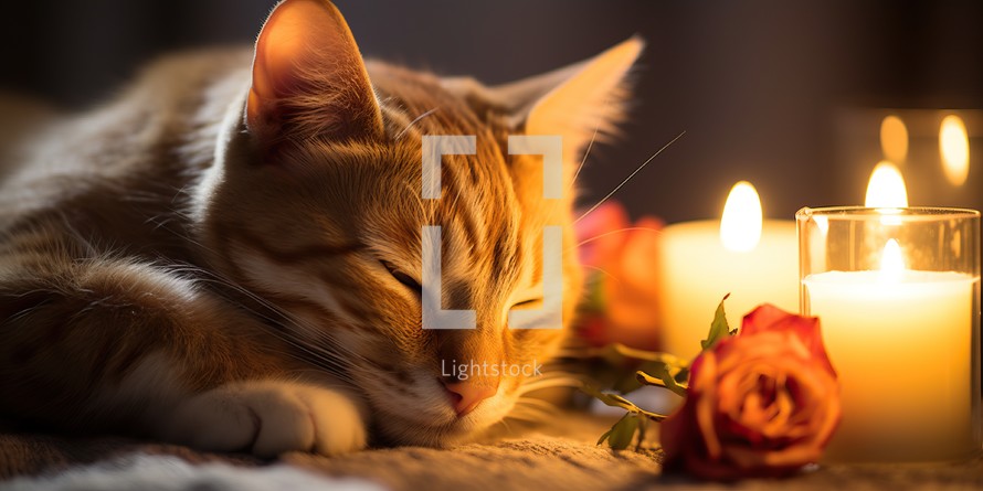cat sleeping on the bed with candles and flowers.