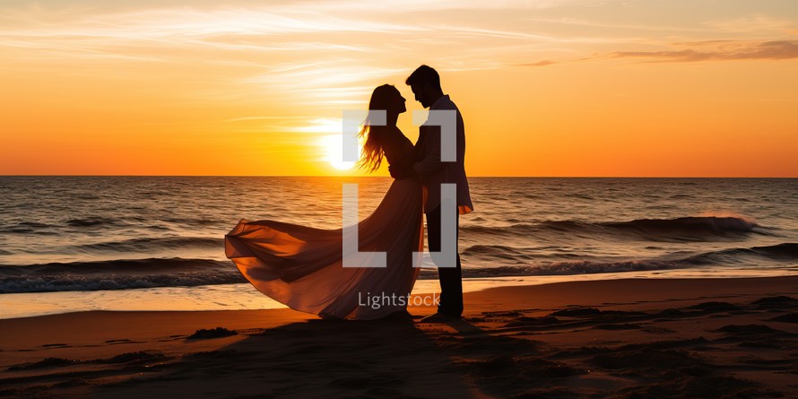 Silhouette of a loving couple at sunset on the beach.