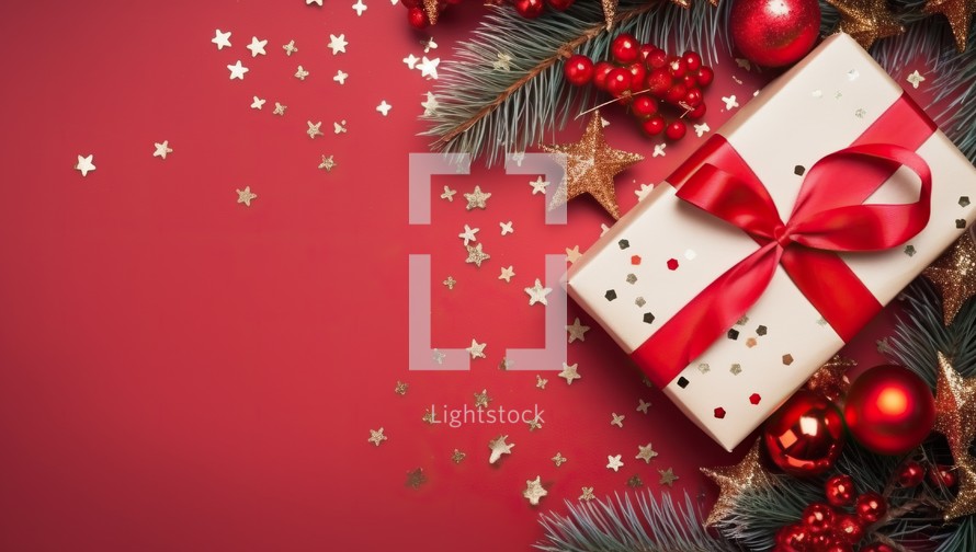 Christmas background with fir branches, red balls and gift box on red background