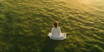Woman meditating on green meadow