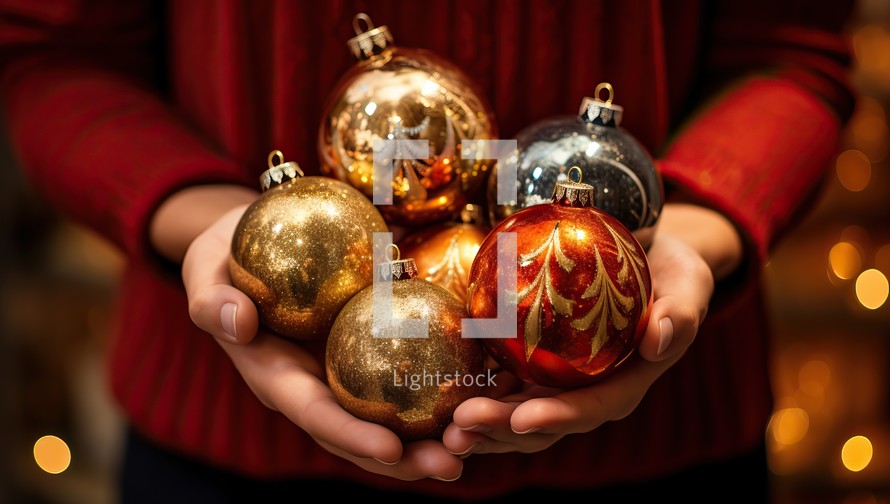 Hands holding Christmas baubles with festive lights background