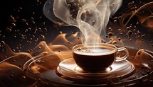 Cup of coffee with smoke on dark background. 3d rendering