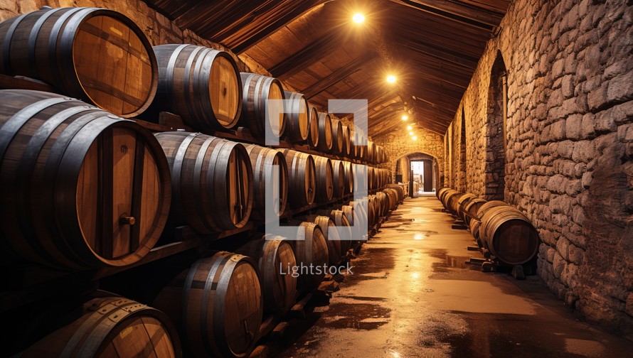Wine barrels in the cellar of the winery. Wine production