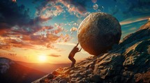 Man Struggles Pushing Boulder Uphill at Sunset. A Concept of Challenge, Determination, Effort, and Perseverance