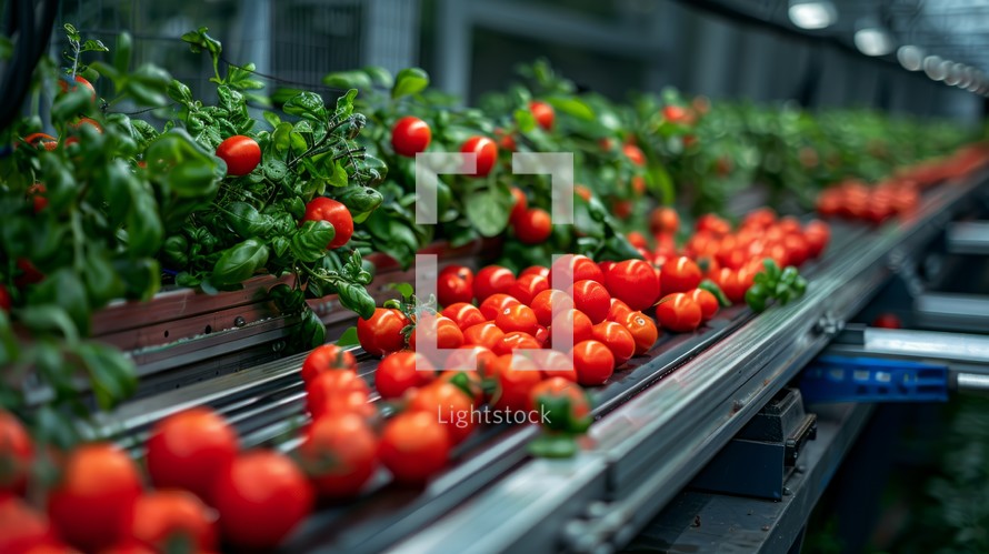 Conveyor Belt with Fresh Tomatoes in Greenhouse, Modern Agriculture and Food Production