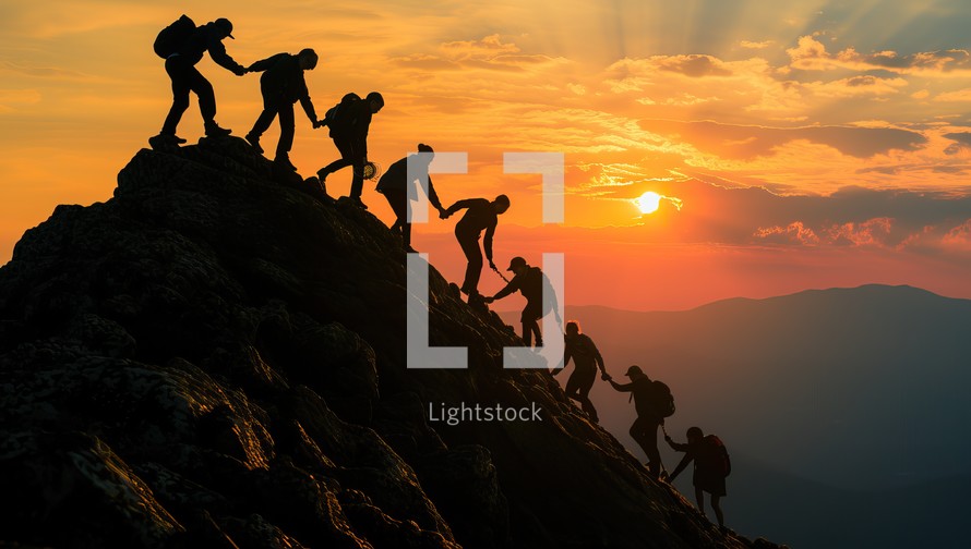 Silhouette of a group of climbers climbing on the top of a mountain