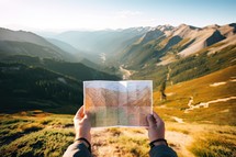 Hiker looking at a map in the mountains. Travel concept.