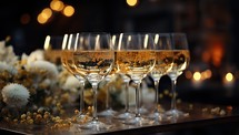 Glasses of champagne and flowers on table in restaurant, closeup