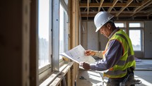 Engineer working on blueprint at a construction site. Construction concept.
