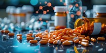  Orange pills spilling from bottle on dark surface