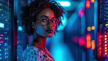 African American woman in glasses standing in data center