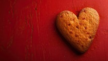 Heart shaped cookie on red wooden background. Top view with copy space