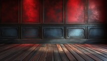  Empty Room with Red Wall and Wooden Floor