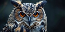  A close up of a majestic owl with intense orange eyes