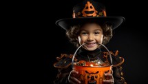 Little boy in costume of witch with bucket of candies for Halloween