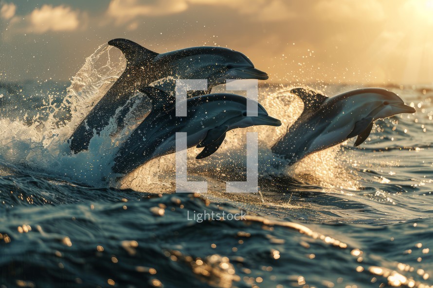 Dolphins Jumping at Sunset. A Breathtaking Display of Natures Beauty