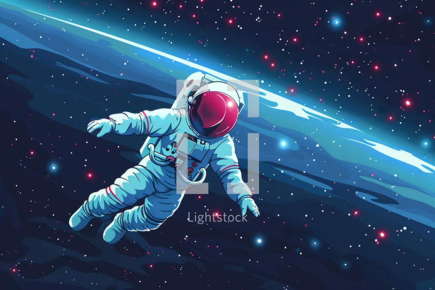 Astronaut floating in cosmic space with laser beam, exploring vast universe. Concept of space travel, adventure, and cosmic exploration