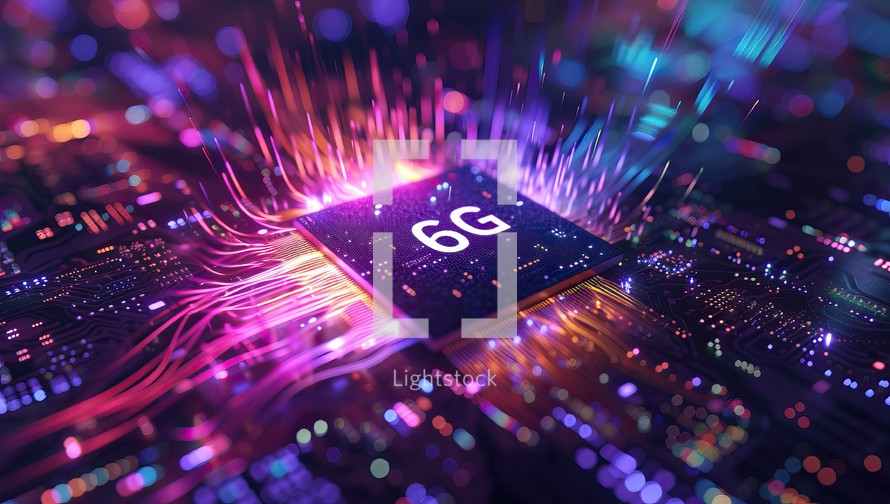 6G technology microchip illuminating vibrant data streams