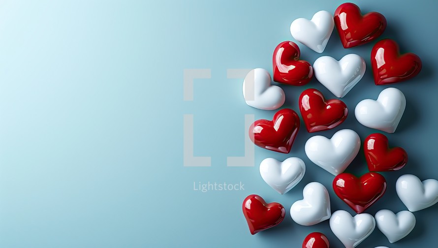 Valentine's day background with red and white hearts on blue background