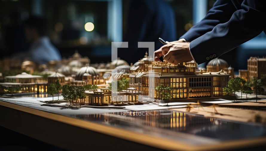 Close up of a miniature model of a city on the table.