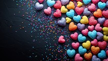 Colorful heart shaped sugar candies on black background with copy space