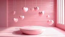 3d render of Valentine's Day background with heart balloons and podium