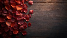 Red rose petals on wooden background. Top view with copy space