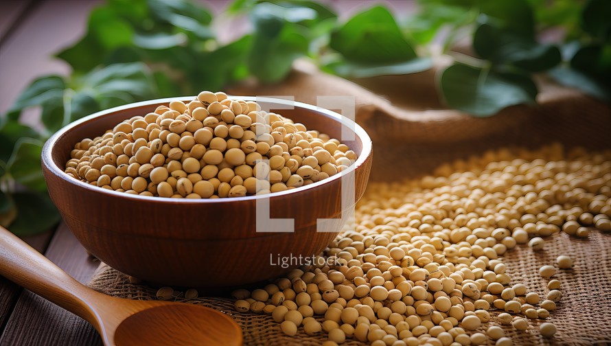 Soybeans in wooden bowl on sackcloth and spoon on wooden table