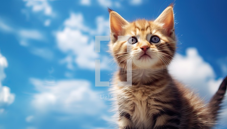 Cute tabby kitten on blue sky background. Copy space.