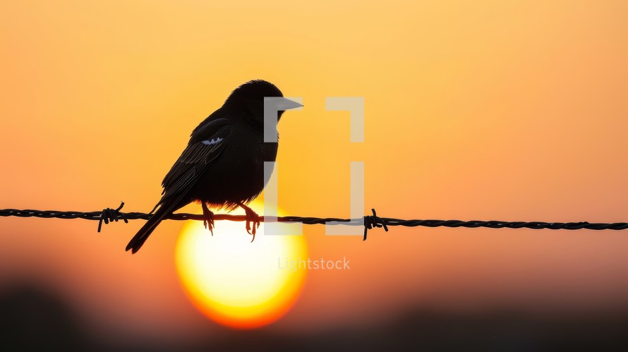 Silhouette of Small Bird Perched on Barbed Wire at Sunset