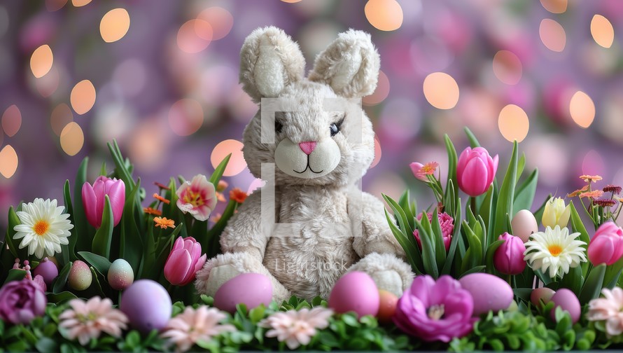 Easter Bunny Surrounded by Colorful Spring Flowers and Easter Eggs