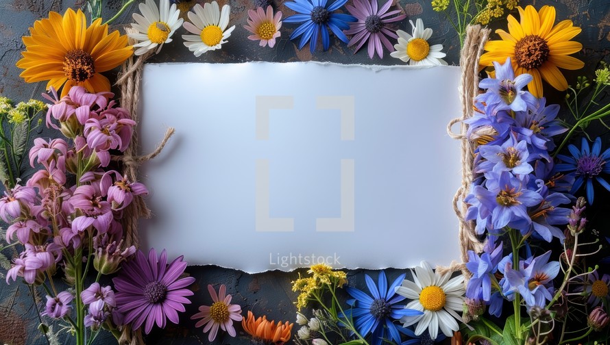 floral frame with wildflowers and blank paper