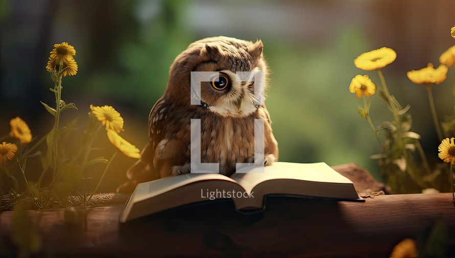 Owl sitting on book with yellow flowers in the background. Education concept.