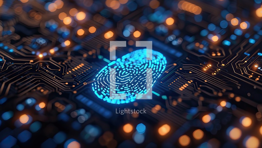 Illuminated fingerprint scan on detailed circuit board