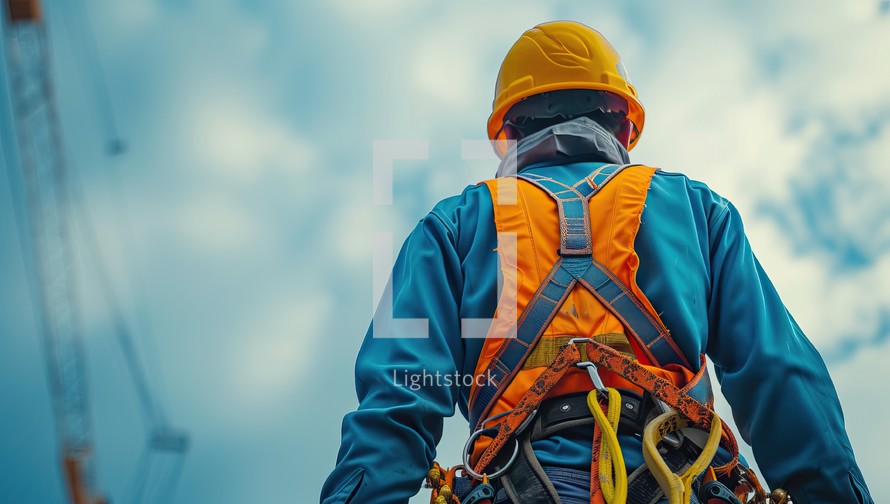  Industrial climber in safety gear at construction site