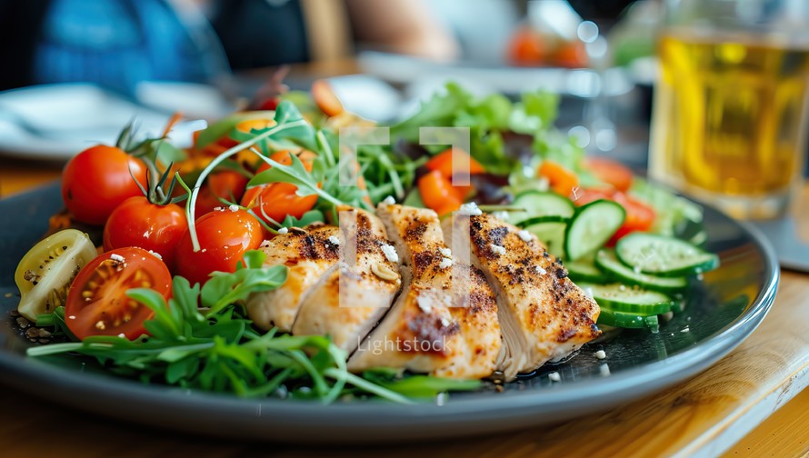  Grilled chicken fillet and vegetable salad on wooden restaurant table