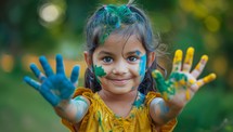Portrait of a happy little girl covered in colorful powder paint during Holi festival