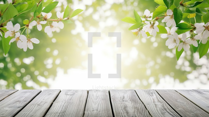 Wooden table with spring blossom background. Top view with copy space