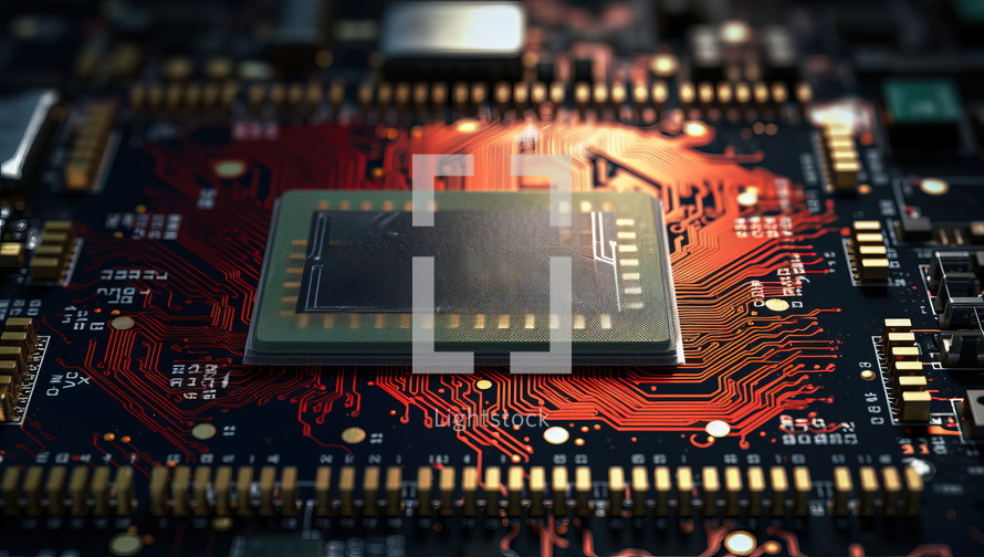 Close-up of electronic circuit board with processor. Technology background.