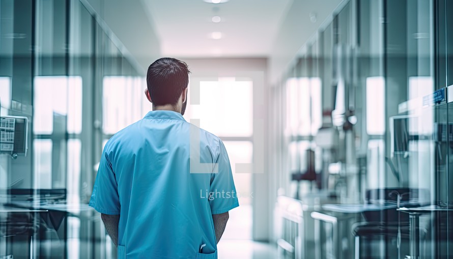 Rear view of male doctor standing in corridor of hospital. Medicine and healthcare concept