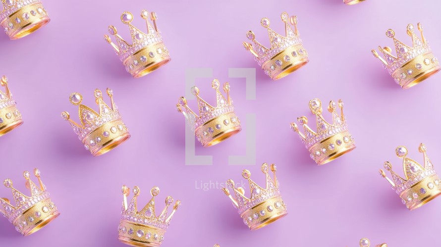 Golden crowns on a purple background. Concept of royalty, luxury, and power.