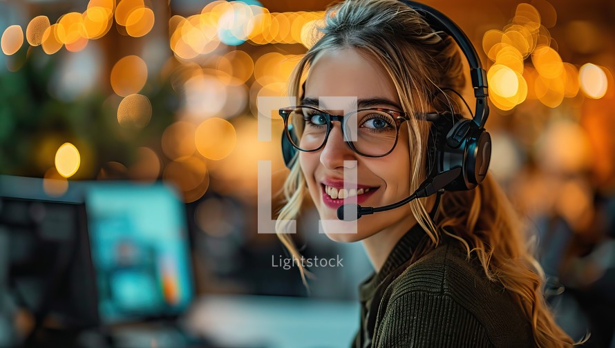 Portrait of young woman with headset at workplace in call center