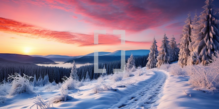Winter Sunrise Over Snow Covered Landscape