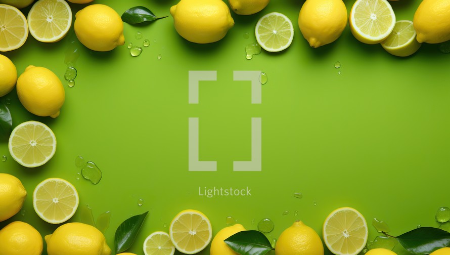 Frame of fresh lemons and limes with water drops on green background