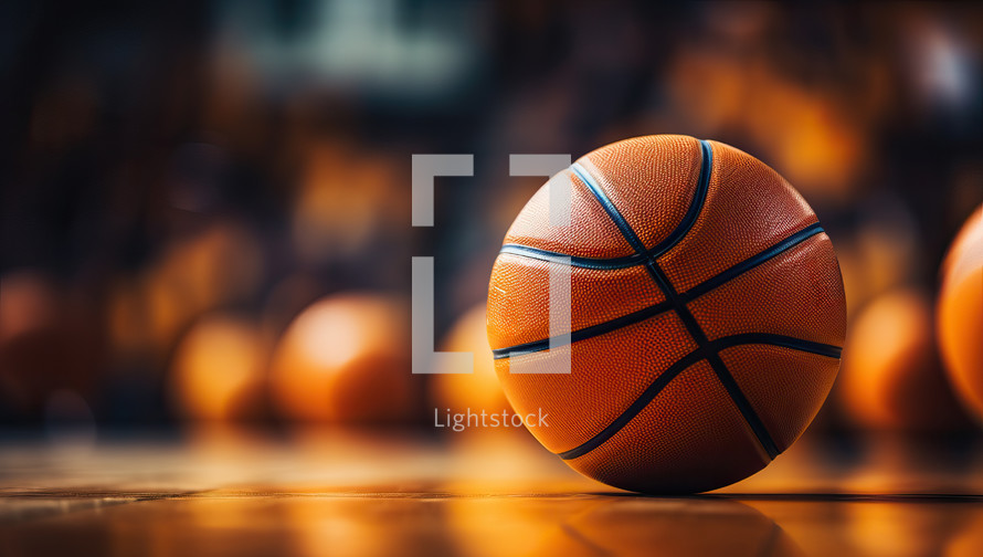 Basketball ball on wooden floor. Sport background.