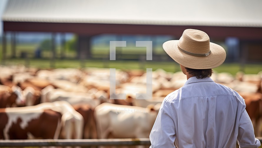 Rear view of a man wearing a straw hat standing in front of a herd of cows