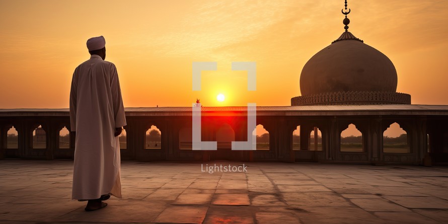 a Muslim man at sunset in front of mosque